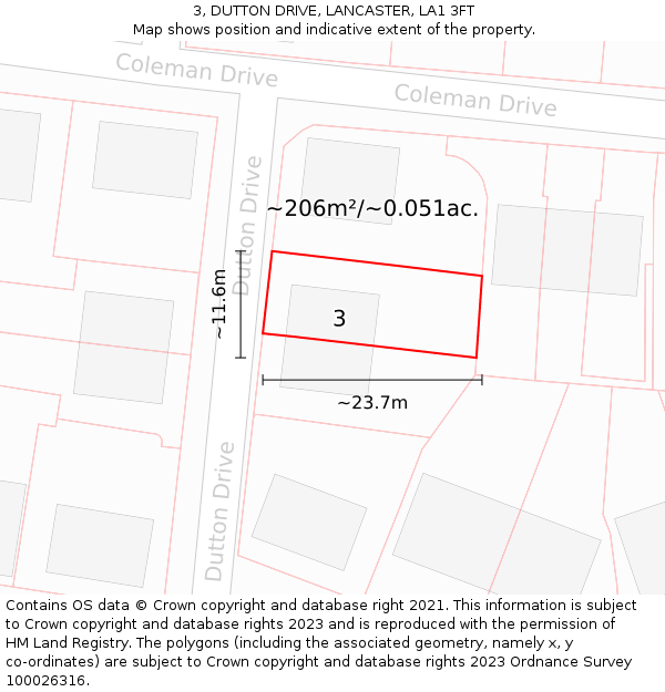 3, DUTTON DRIVE, LANCASTER, LA1 3FT: Plot and title map
