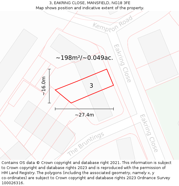 3, EAKRING CLOSE, MANSFIELD, NG18 3FE: Plot and title map