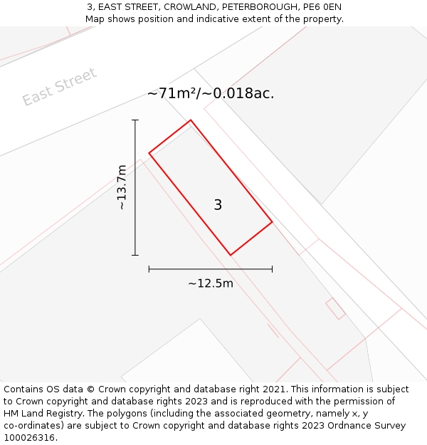 3, EAST STREET, CROWLAND, PETERBOROUGH, PE6 0EN: Plot and title map