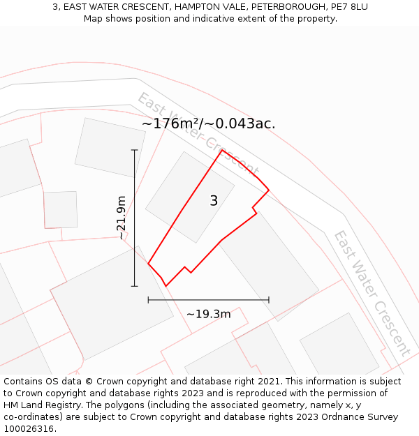 3, EAST WATER CRESCENT, HAMPTON VALE, PETERBOROUGH, PE7 8LU: Plot and title map