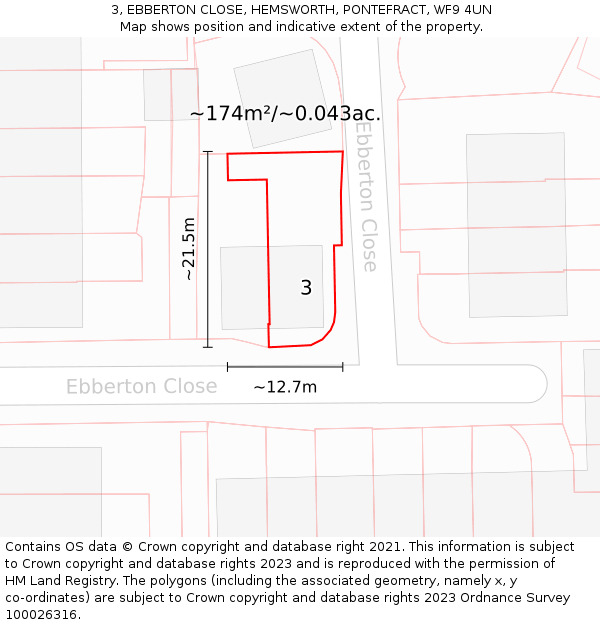 3, EBBERTON CLOSE, HEMSWORTH, PONTEFRACT, WF9 4UN: Plot and title map