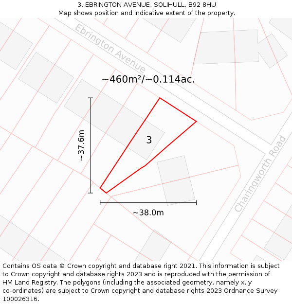 3, EBRINGTON AVENUE, SOLIHULL, B92 8HU: Plot and title map