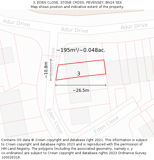 3, EDEN CLOSE, STONE CROSS, PEVENSEY, BN24 5EX: Plot and title map