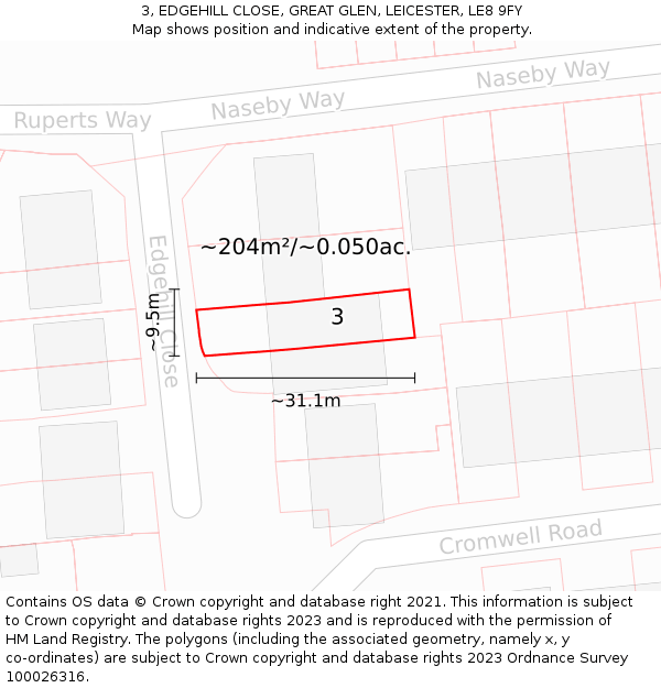 3, EDGEHILL CLOSE, GREAT GLEN, LEICESTER, LE8 9FY: Plot and title map