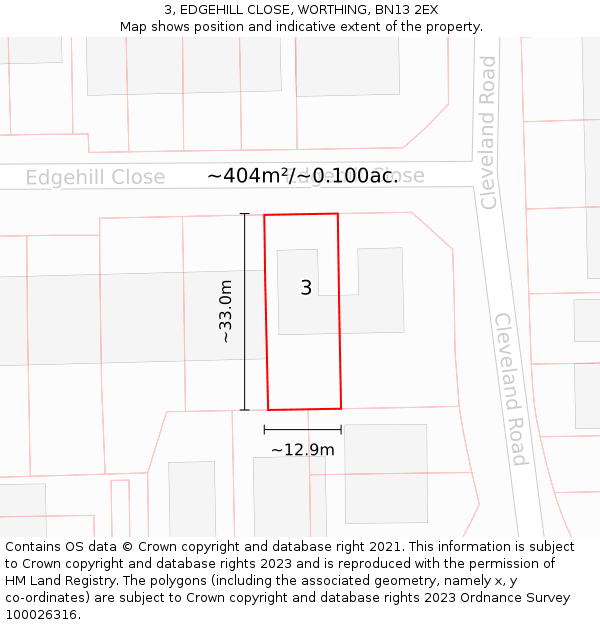 3, EDGEHILL CLOSE, WORTHING, BN13 2EX: Plot and title map