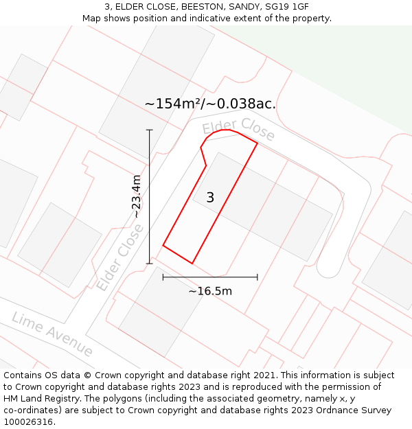 3, ELDER CLOSE, BEESTON, SANDY, SG19 1GF: Plot and title map