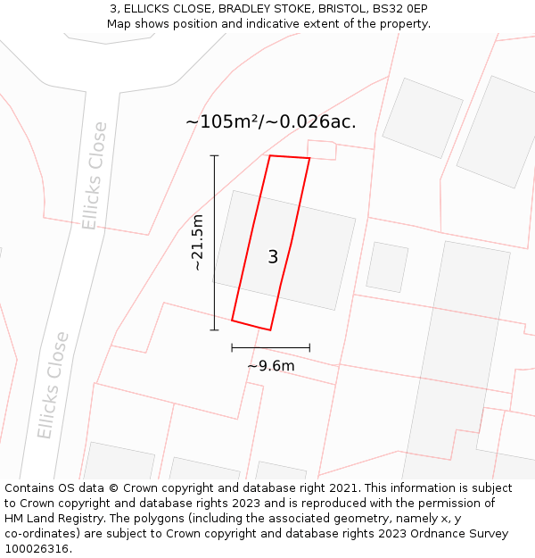 3, ELLICKS CLOSE, BRADLEY STOKE, BRISTOL, BS32 0EP: Plot and title map