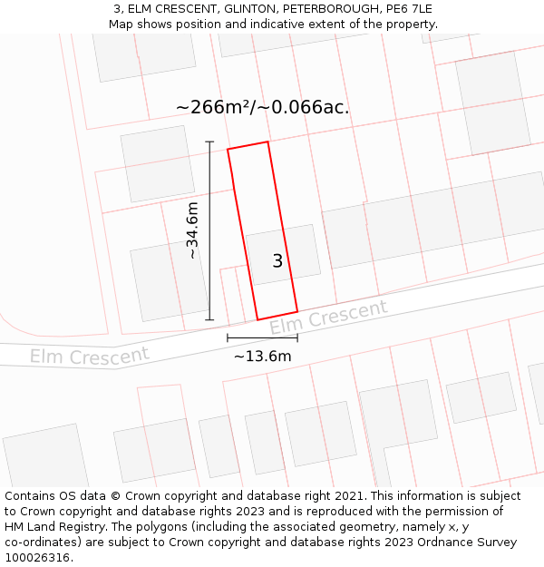 3, ELM CRESCENT, GLINTON, PETERBOROUGH, PE6 7LE: Plot and title map