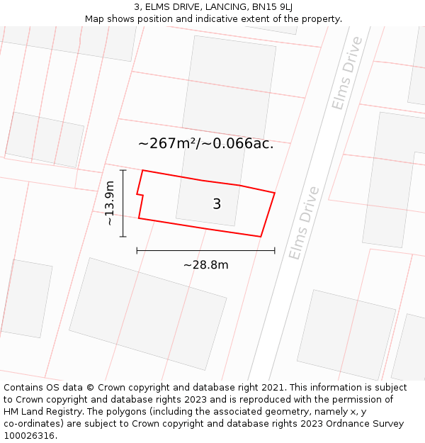 3, ELMS DRIVE, LANCING, BN15 9LJ: Plot and title map