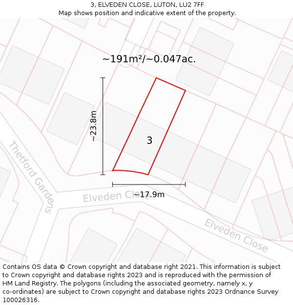 3, ELVEDEN CLOSE, LUTON, LU2 7FF: Plot and title map