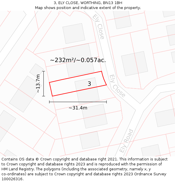 3, ELY CLOSE, WORTHING, BN13 1BH: Plot and title map