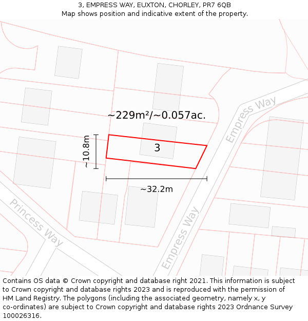 3, EMPRESS WAY, EUXTON, CHORLEY, PR7 6QB: Plot and title map