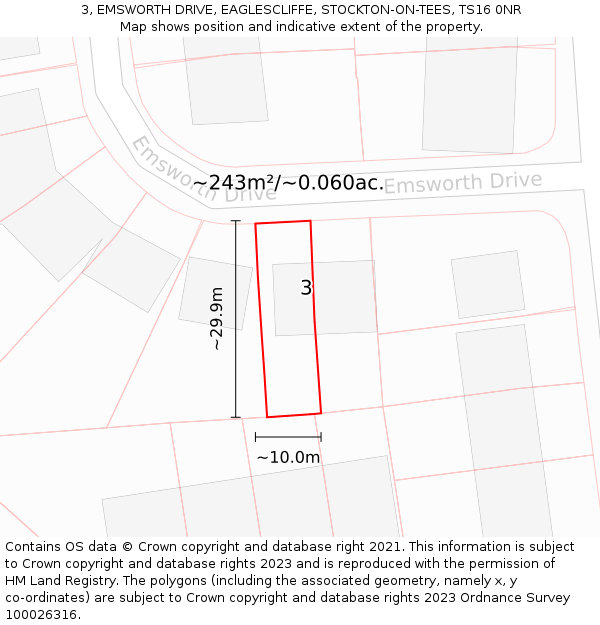 3, EMSWORTH DRIVE, EAGLESCLIFFE, STOCKTON-ON-TEES, TS16 0NR: Plot and title map