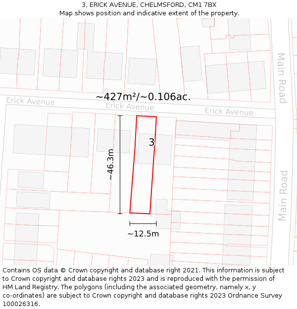 3, ERICK AVENUE, CHELMSFORD, CM1 7BX: Plot and title map