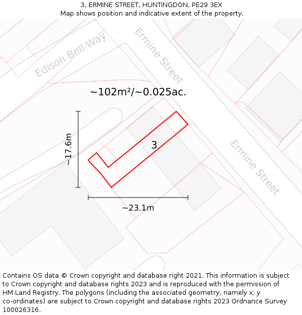 3, ERMINE STREET, HUNTINGDON, PE29 3EX: Plot and title map