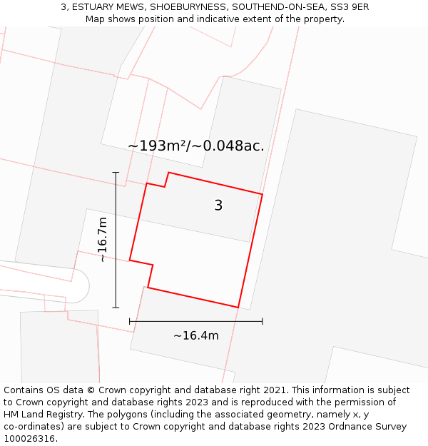 3, ESTUARY MEWS, SHOEBURYNESS, SOUTHEND-ON-SEA, SS3 9ER: Plot and title map