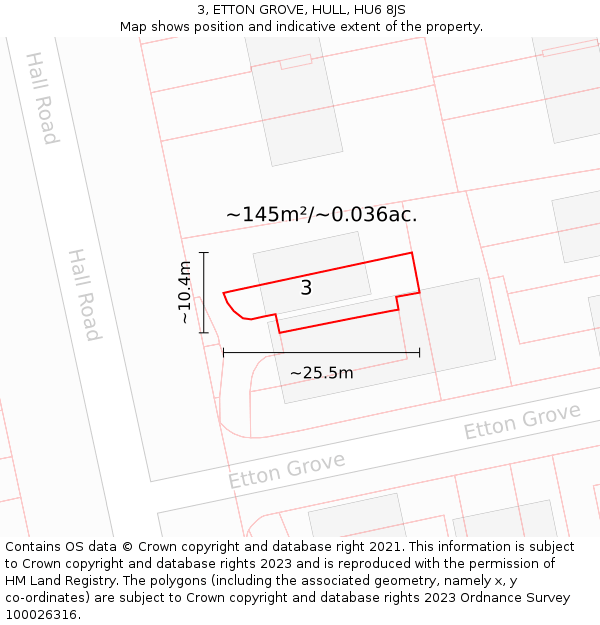 3, ETTON GROVE, HULL, HU6 8JS: Plot and title map