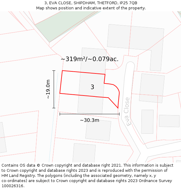 3, EVA CLOSE, SHIPDHAM, THETFORD, IP25 7QB: Plot and title map