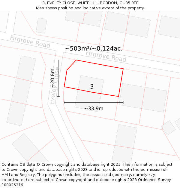3, EVELEY CLOSE, WHITEHILL, BORDON, GU35 9EE: Plot and title map