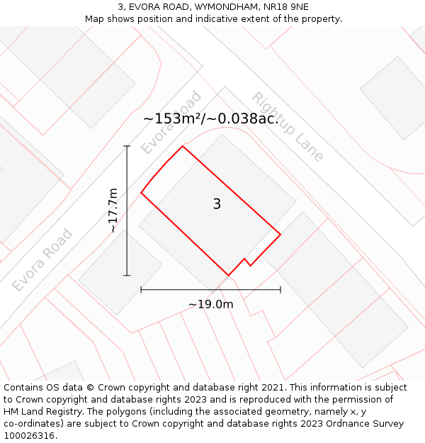 3, EVORA ROAD, WYMONDHAM, NR18 9NE: Plot and title map