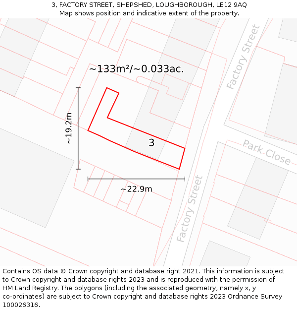 3, FACTORY STREET, SHEPSHED, LOUGHBOROUGH, LE12 9AQ: Plot and title map
