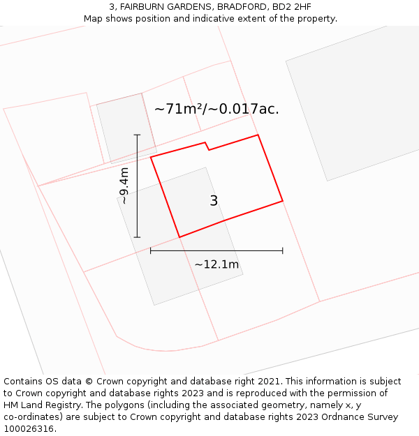 3, FAIRBURN GARDENS, BRADFORD, BD2 2HF: Plot and title map