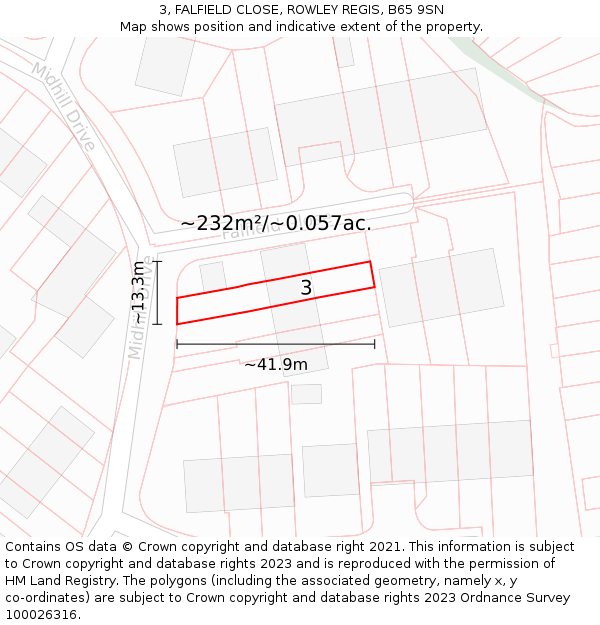 3, FALFIELD CLOSE, ROWLEY REGIS, B65 9SN: Plot and title map