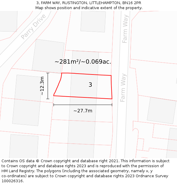 3, FARM WAY, RUSTINGTON, LITTLEHAMPTON, BN16 2PR: Plot and title map