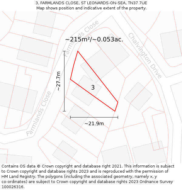 3, FARMLANDS CLOSE, ST LEONARDS-ON-SEA, TN37 7UE: Plot and title map