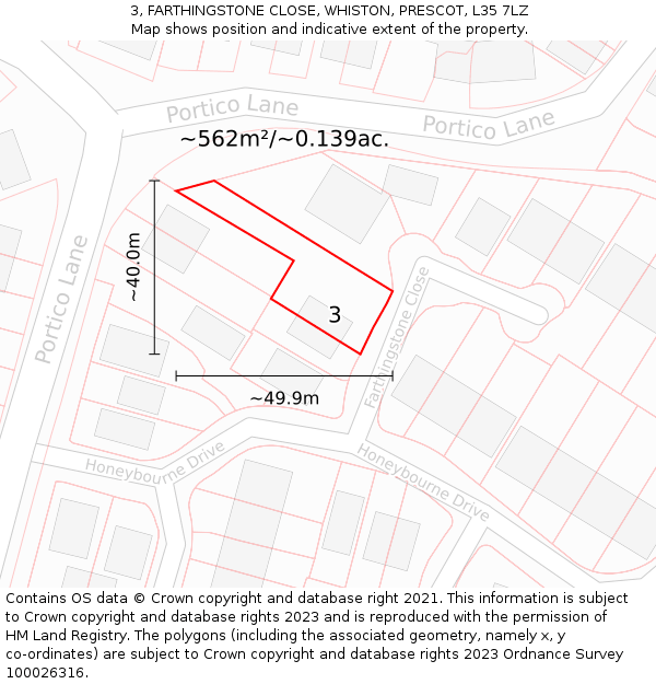 3, FARTHINGSTONE CLOSE, WHISTON, PRESCOT, L35 7LZ: Plot and title map
