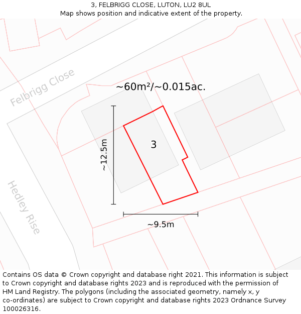 3, FELBRIGG CLOSE, LUTON, LU2 8UL: Plot and title map