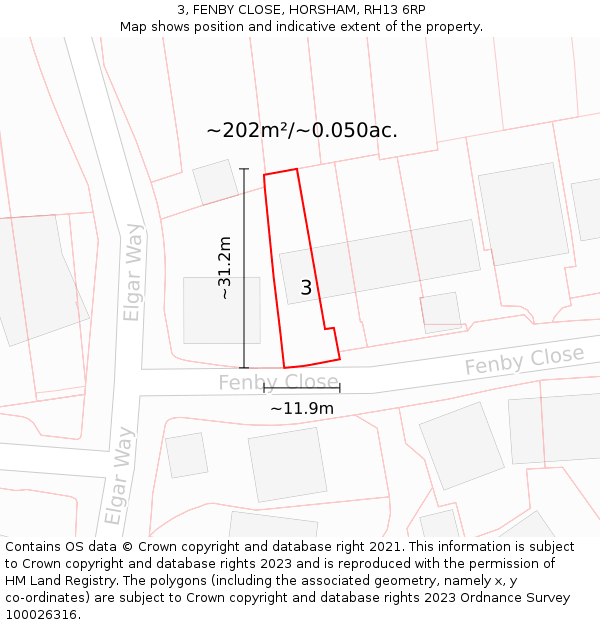 3, FENBY CLOSE, HORSHAM, RH13 6RP: Plot and title map