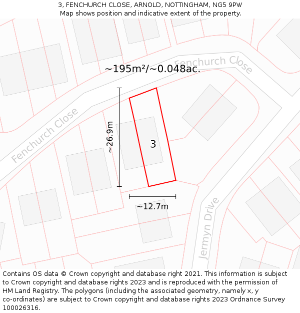 3, FENCHURCH CLOSE, ARNOLD, NOTTINGHAM, NG5 9PW: Plot and title map