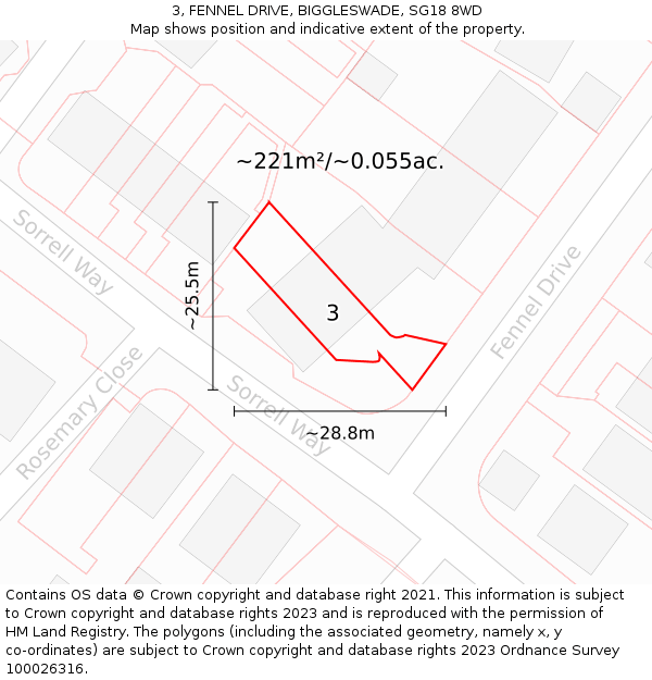 3, FENNEL DRIVE, BIGGLESWADE, SG18 8WD: Plot and title map