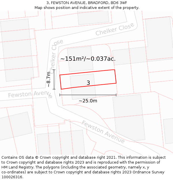 3, FEWSTON AVENUE, BRADFORD, BD6 3WF: Plot and title map