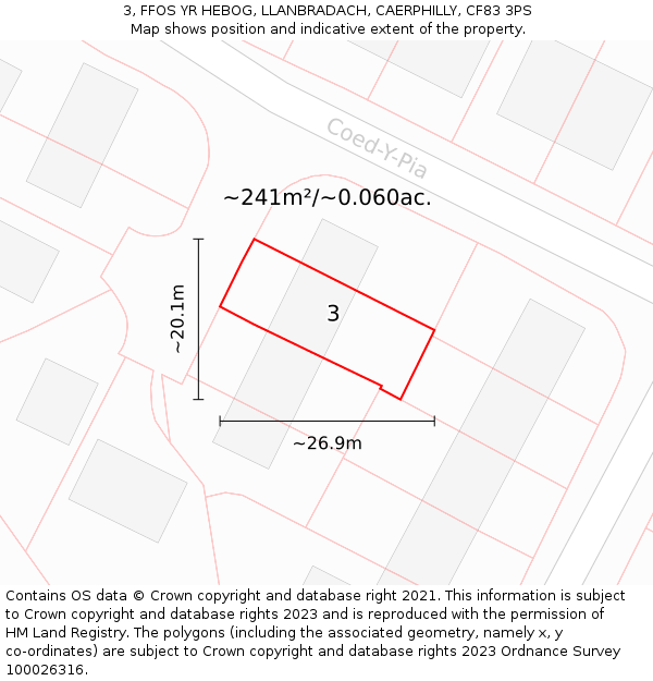 3, FFOS YR HEBOG, LLANBRADACH, CAERPHILLY, CF83 3PS: Plot and title map