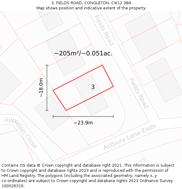3, FIELDS ROAD, CONGLETON, CW12 3BA: Plot and title map
