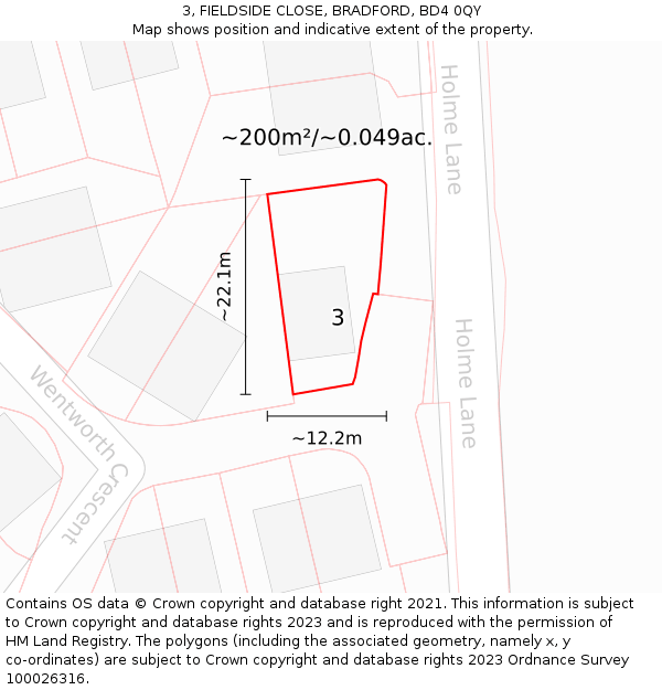 3, FIELDSIDE CLOSE, BRADFORD, BD4 0QY: Plot and title map