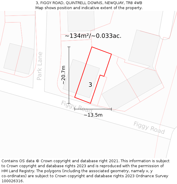 3, FIGGY ROAD, QUINTRELL DOWNS, NEWQUAY, TR8 4WB: Plot and title map