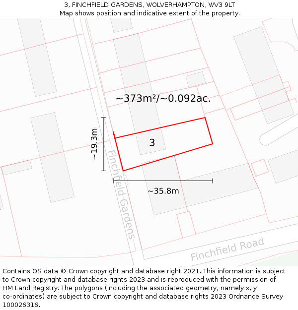 3, FINCHFIELD GARDENS, WOLVERHAMPTON, WV3 9LT: Plot and title map