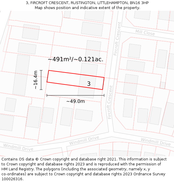 3, FIRCROFT CRESCENT, RUSTINGTON, LITTLEHAMPTON, BN16 3HP: Plot and title map