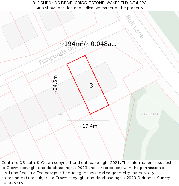 3, FISHPONDS DRIVE, CRIGGLESTONE, WAKEFIELD, WF4 3PA: Plot and title map