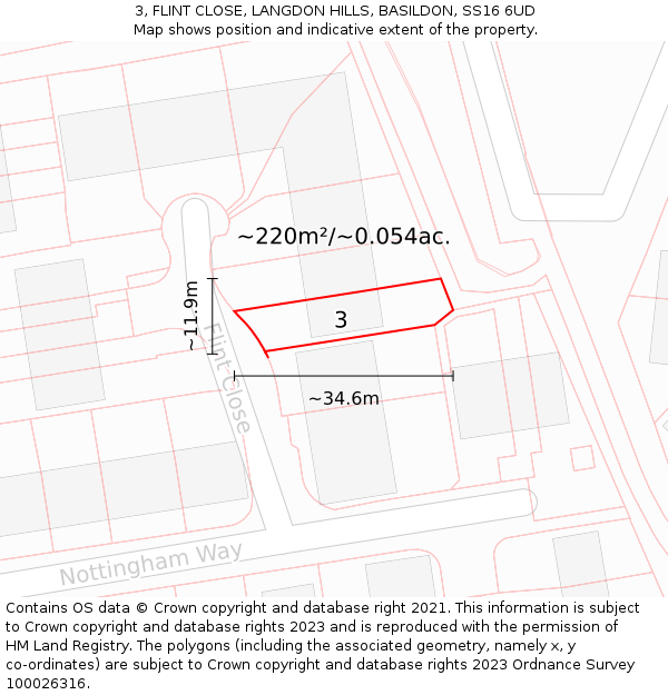 3, FLINT CLOSE, LANGDON HILLS, BASILDON, SS16 6UD: Plot and title map