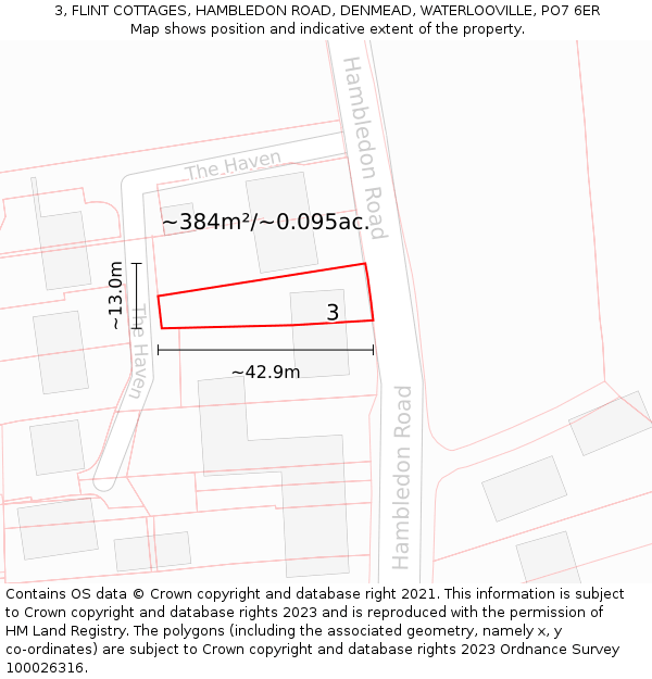 3, FLINT COTTAGES, HAMBLEDON ROAD, DENMEAD, WATERLOOVILLE, PO7 6ER: Plot and title map