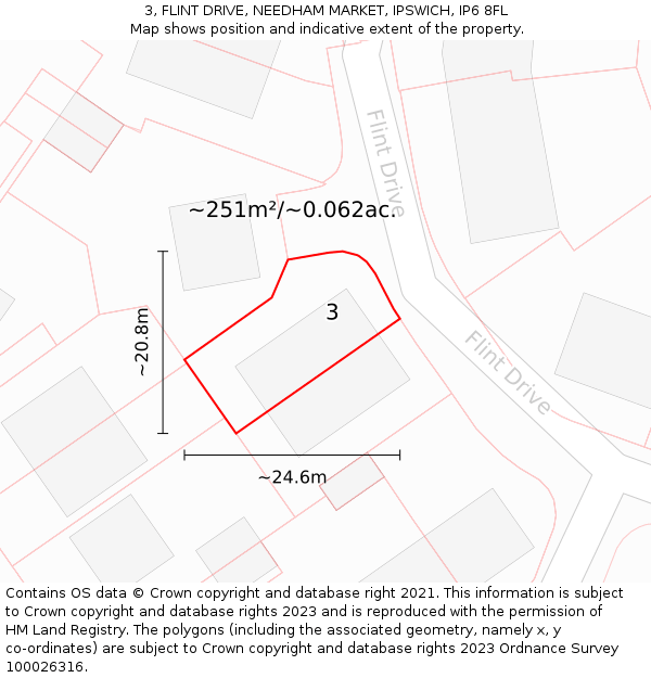 3, FLINT DRIVE, NEEDHAM MARKET, IPSWICH, IP6 8FL: Plot and title map