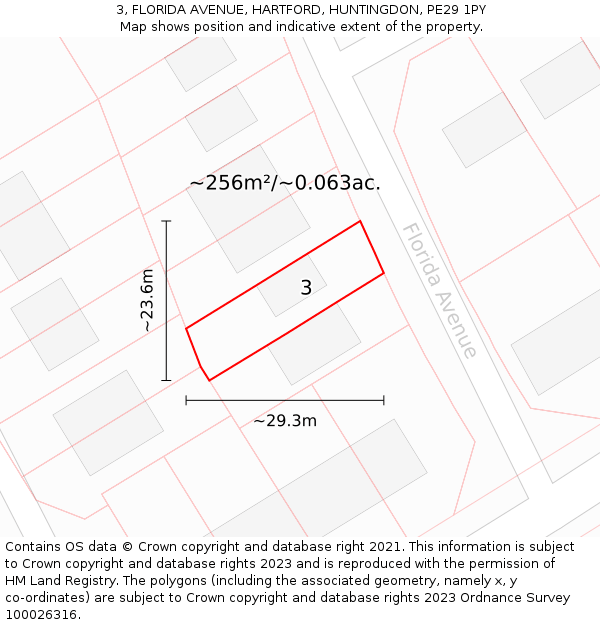 3, FLORIDA AVENUE, HARTFORD, HUNTINGDON, PE29 1PY: Plot and title map