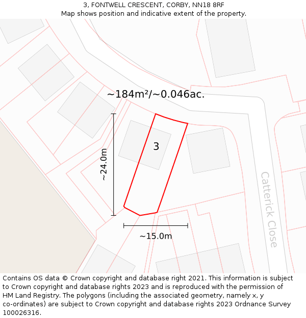 3, FONTWELL CRESCENT, CORBY, NN18 8RF: Plot and title map