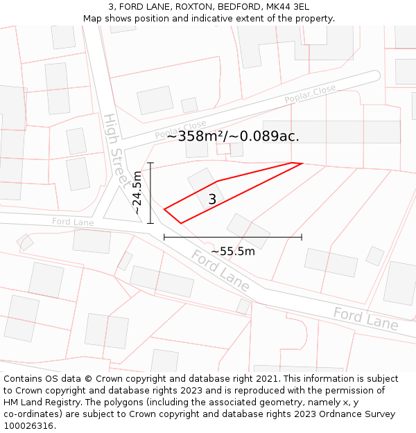 3, FORD LANE, ROXTON, BEDFORD, MK44 3EL: Plot and title map