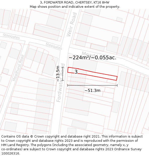 3, FORDWATER ROAD, CHERTSEY, KT16 8HW: Plot and title map