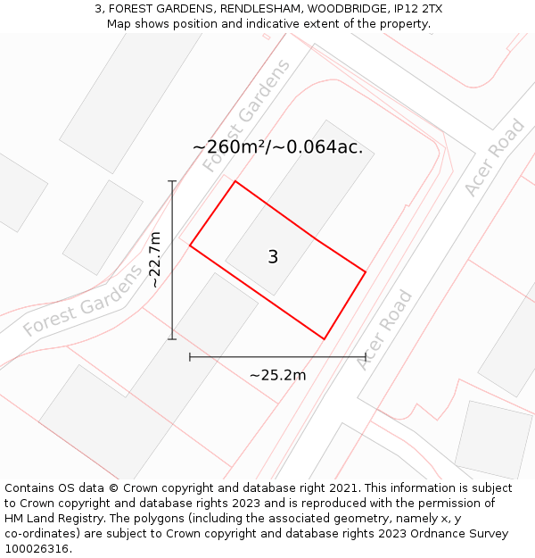 3, FOREST GARDENS, RENDLESHAM, WOODBRIDGE, IP12 2TX: Plot and title map